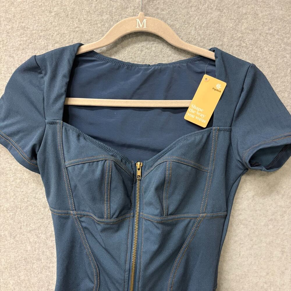 Popilush Sculpting Denim Bodysuit Zip Front Shapewear Blue Slimming Small NWT - Picture 3 of 14